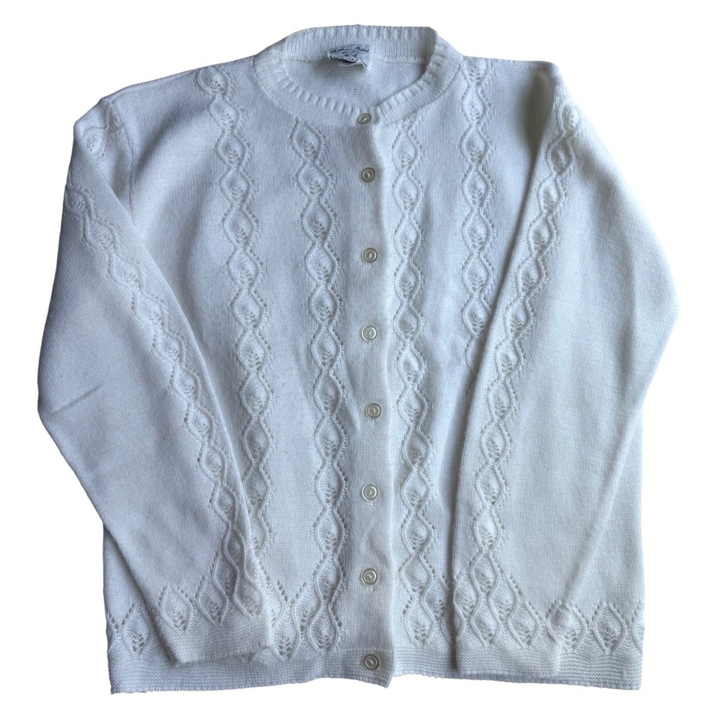 Vintage College Point White Pointelle Knit Button Up Cardigan Sweater Size L